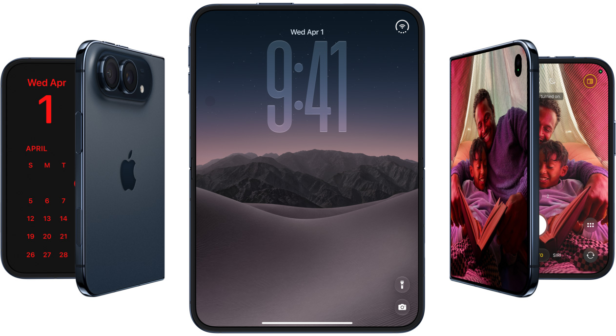 iPhone Duo in Night Sky: the back, the open 7.6-inch display and the 5.4-inch cover display